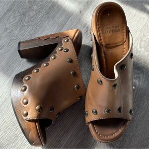 Stuart Weitzman Sequoia Studded Platform Clogs Wooden Heel Brown